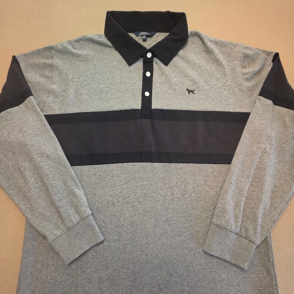 Simply Southern Contrast Rugby-Style Long-Sleeve Polo Shirt Gray Black XXL NWT